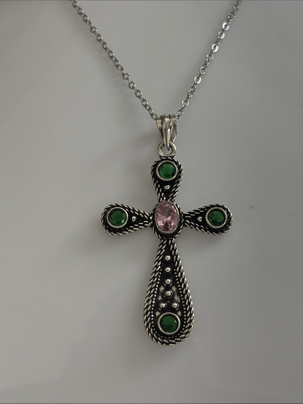 Pink Topaz & Green Quartz Gemstone Handmade Cross Pendant Necklace
